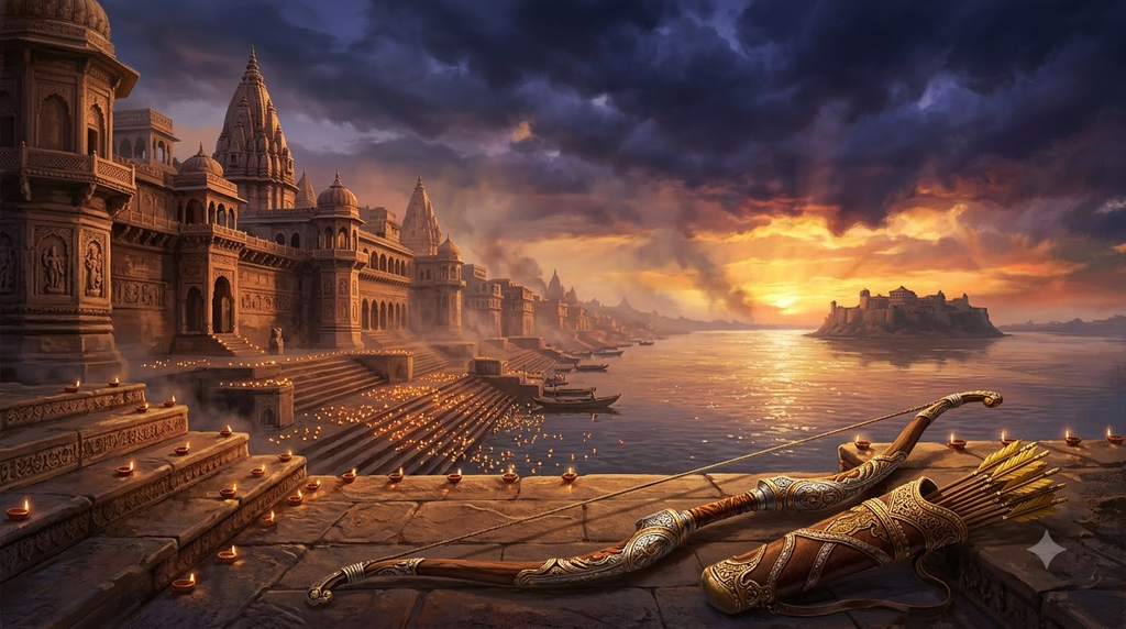Ramayana 2026 featured image showing an ancient riverside palace city lit by diyas, with a golden bow and quiver in the foreground and a distant island fortress under a stormy sky
