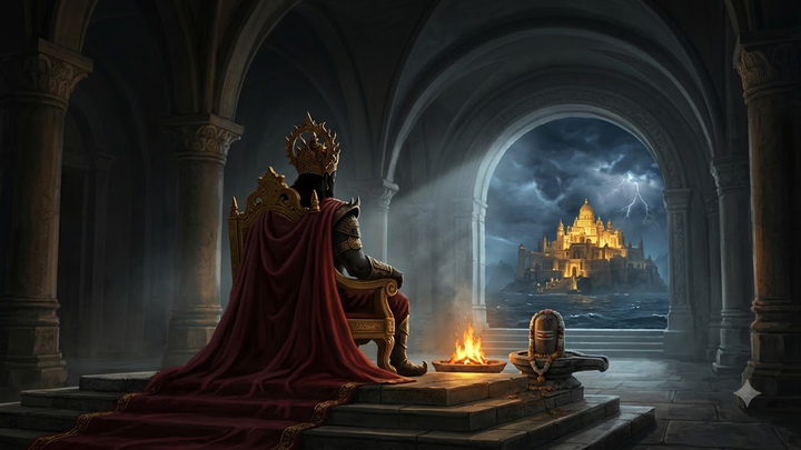 Featured image for Yash as Ravana in Ramayana, showing a shadowed demon king on a golden throne facing the glowing fortress city of Lanka under a stormy sky